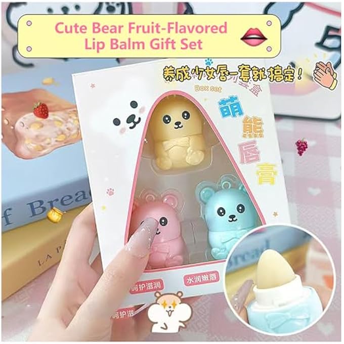 ADMD CUTE BEAR LIP BALM KEYCHAIN 3-PACK - STRAWBERRY, BLUEBERRY, HONEY FLAVORED, MOISTURIZING & PORTABLE LIP CARE FOR GIRLS WOMEN - Image 3